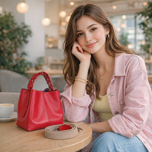 Mujer con bolso en cuero color rojo sobre una mesa