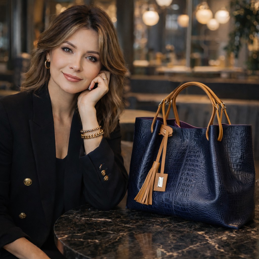 Mujer elegante y moderna con bolso en cuero reptil azul oscuro