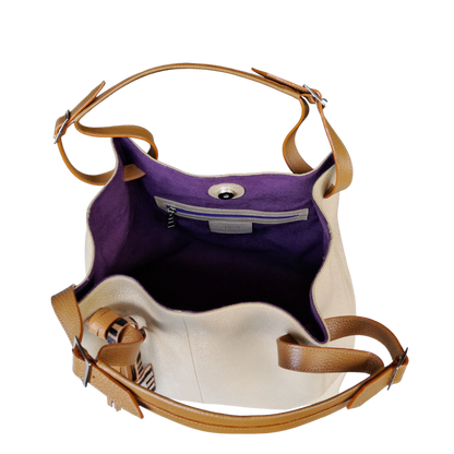 Bolso en cuero para mujer color oro adentro