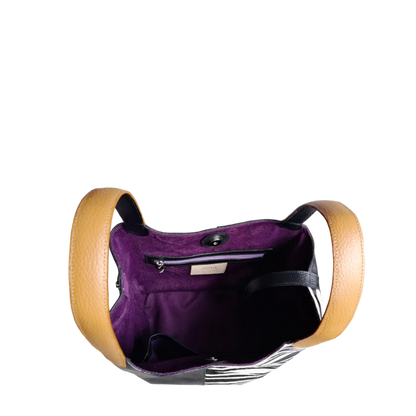 Bolso en cuero para mujer color negro con pelo cebra blanco por negro