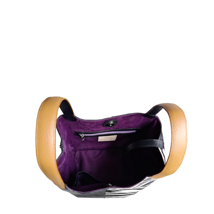 Bolso en cuero para mujer color negro con pelo cebra blanco por negro