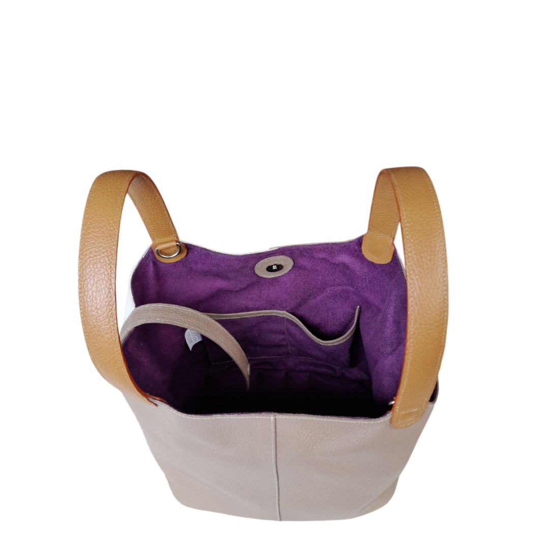 Bolso en cuero mujer color taupe y talco vista interna