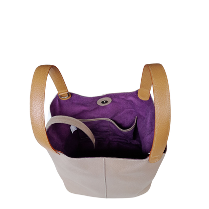 Bolso en cuero mujer color taupe y talco vista interna