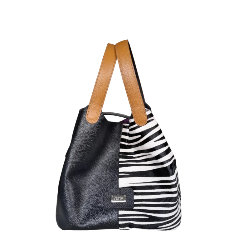 Bolso en cuero para mujer color negro con pelo cebra blanco por negro