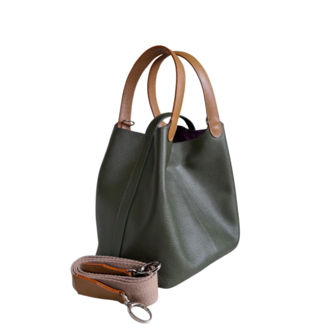 Bolso en cuero para mujer color verde aceituna, vista lateral