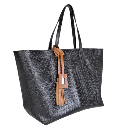 Bolso en cuero para mujer reptil negro.