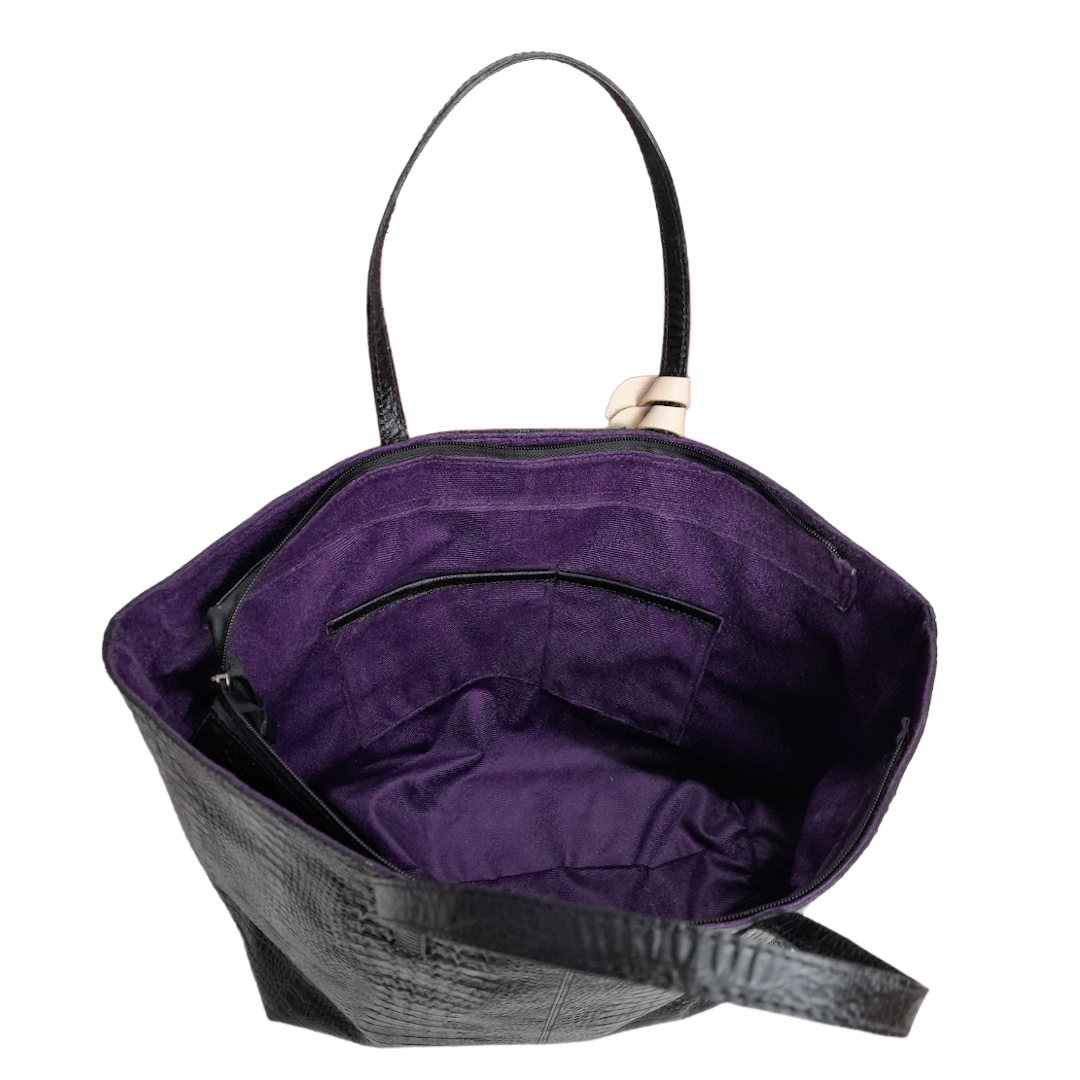 Bolso en cuero mujer reptil negro interior 2 bolsillos