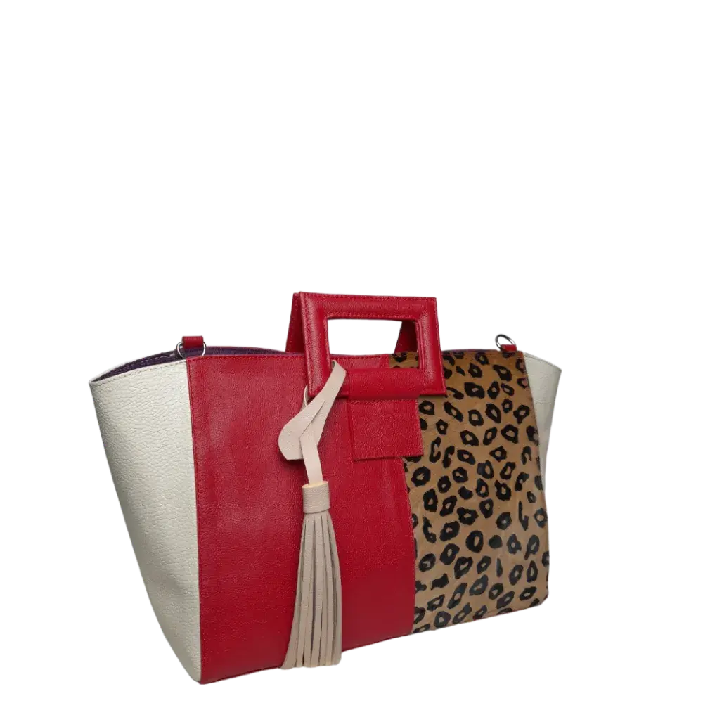 Bolso en cuero para mujer color rojo con jaguar miel con negro