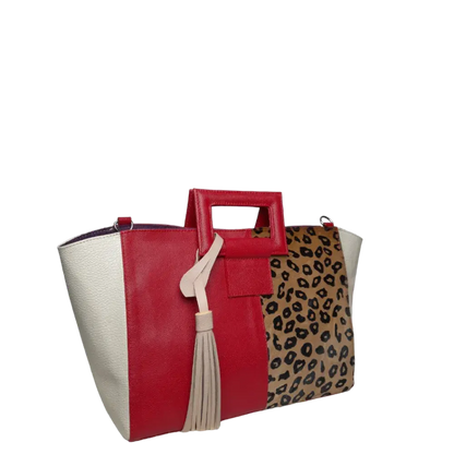 Bolso en cuero para mujer color rojo con jaguar miel con negro