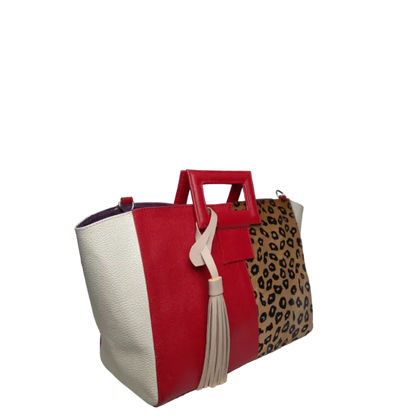 Bolso en cuero para mujer color rojo con jaguar miel con negro