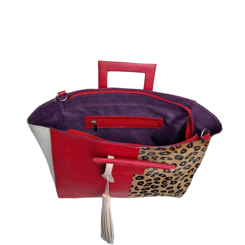 Bolso en cuero para mujer color rojo con jaguar miel con negro