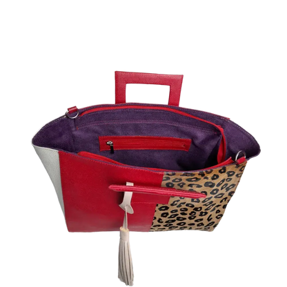 Bolso en cuero para mujer color rojo con jaguar miel con negro