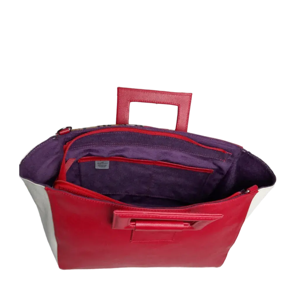 Bolso en cuero para mujer color rojo con jaguar miel con negro