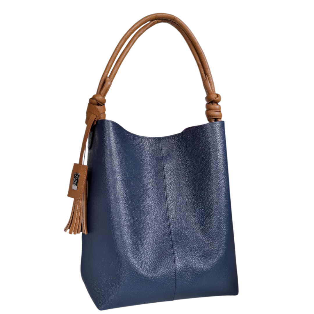 Bolso en cuero mujer color azul oscuro con miel