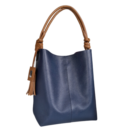 Bolso en cuero mujer color azul oscuro con miel