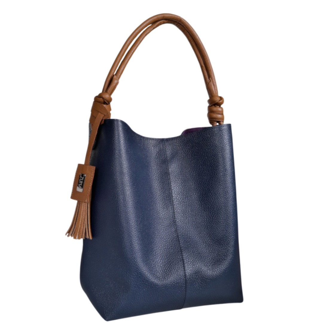 Bolso en cuero para mujer azul oscuro y miel