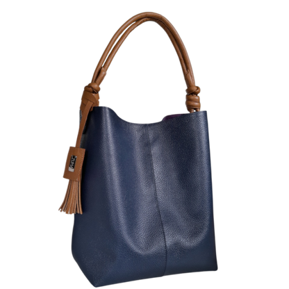 Bolso en cuero para mujer azul oscuro y miel