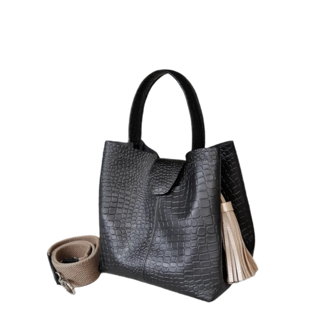 Bolso pequeño en cuero para mujer Lucia reptil negro