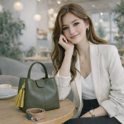 Mujer con bolso en cuero verde aceituna