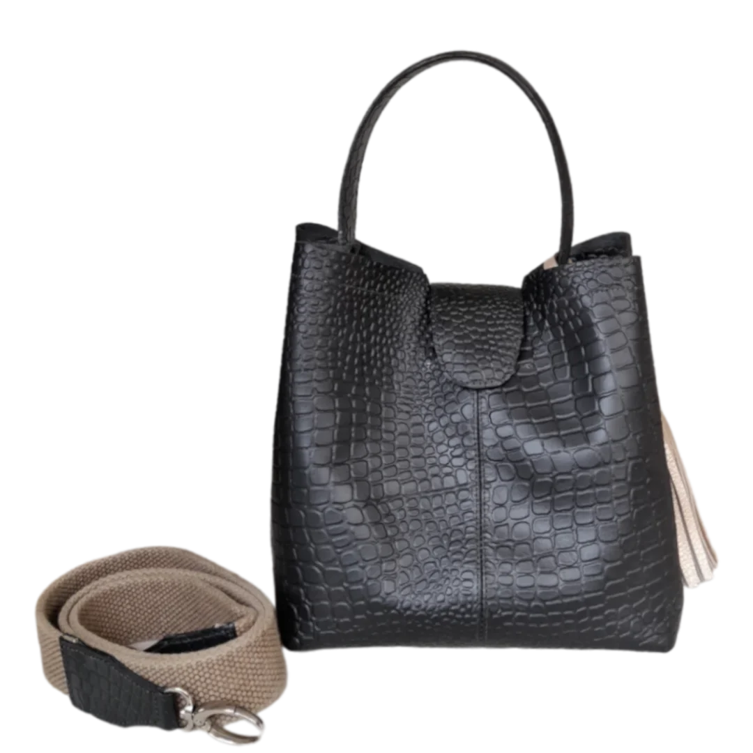 Bolso grande en cuero para mujer Camila reptil negro