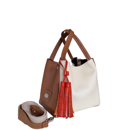 Bolso pequeño en cuero para mujer Agnes reptil miel y talco