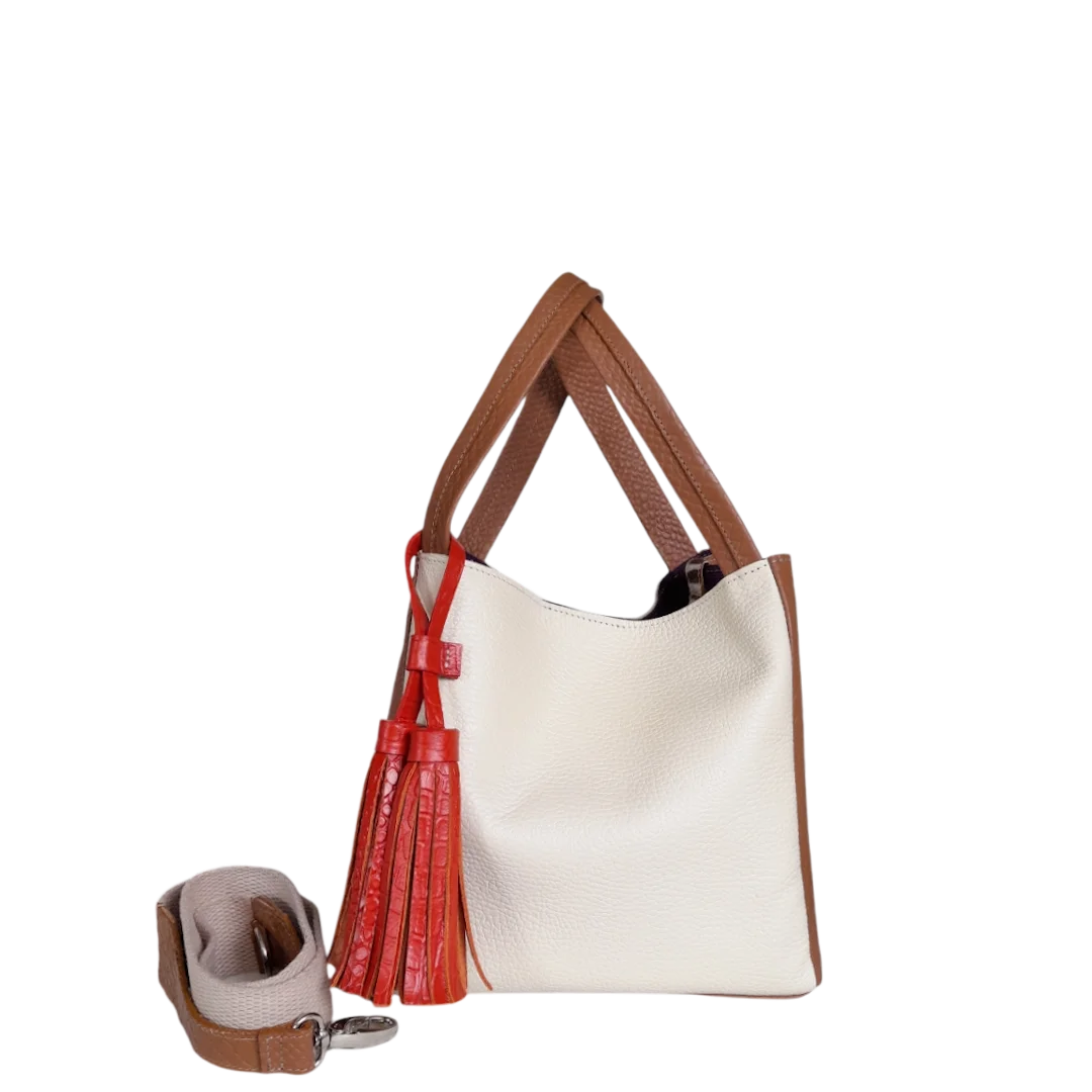 Bolso pequeño en cuero para mujer Agnes reptil miel y talco