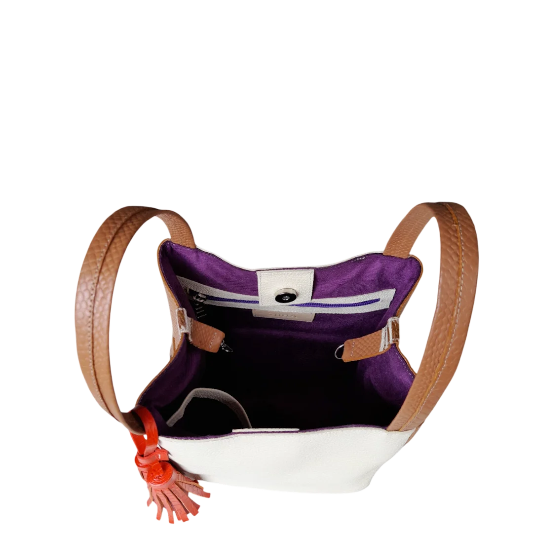 Bolso pequeño en cuero para mujer Agnes reptil miel y talco