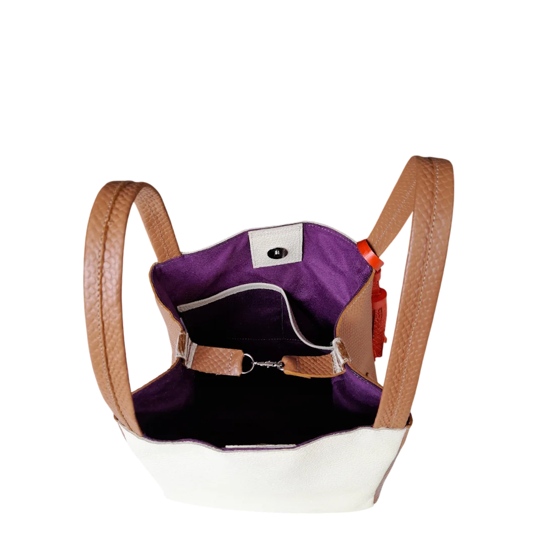 Bolso pequeño en cuero para mujer Agnes reptil miel y talco