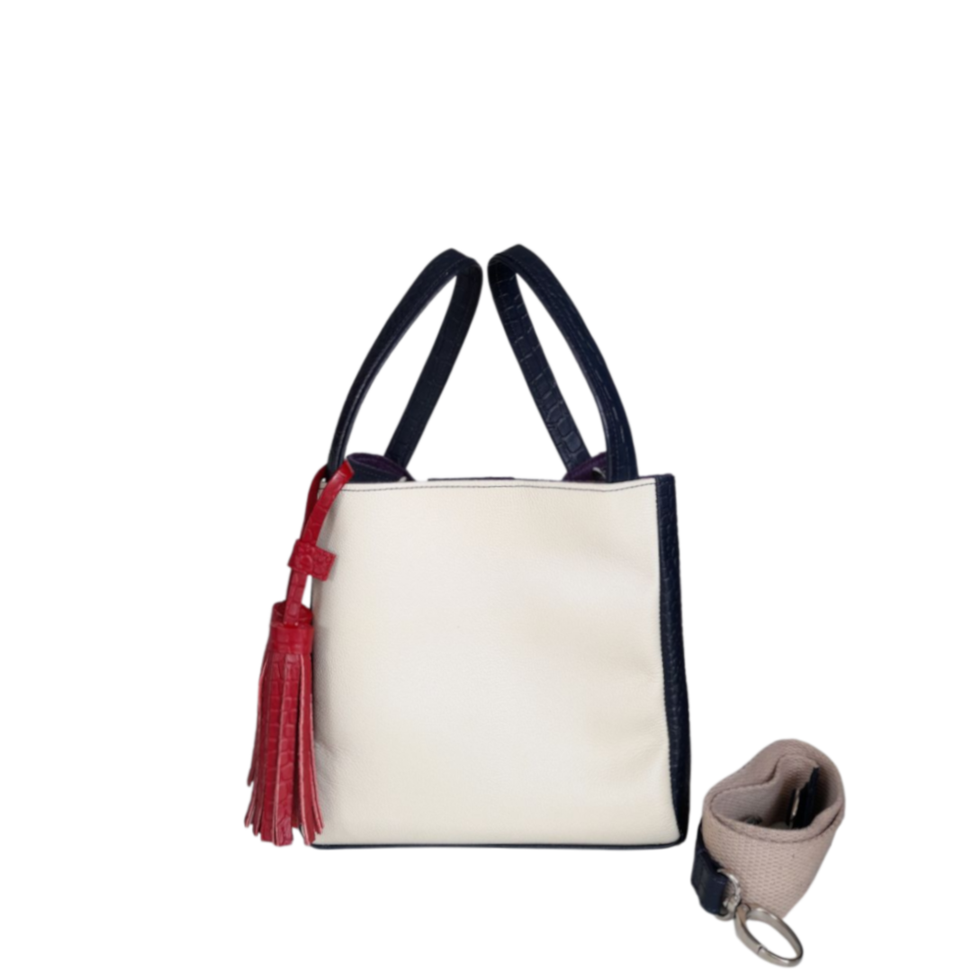 Bolso en cuero para mujer reptil azul oscuro y talco