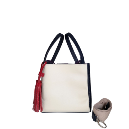 Bolso en cuero para mujer reptil azul oscuro y talco