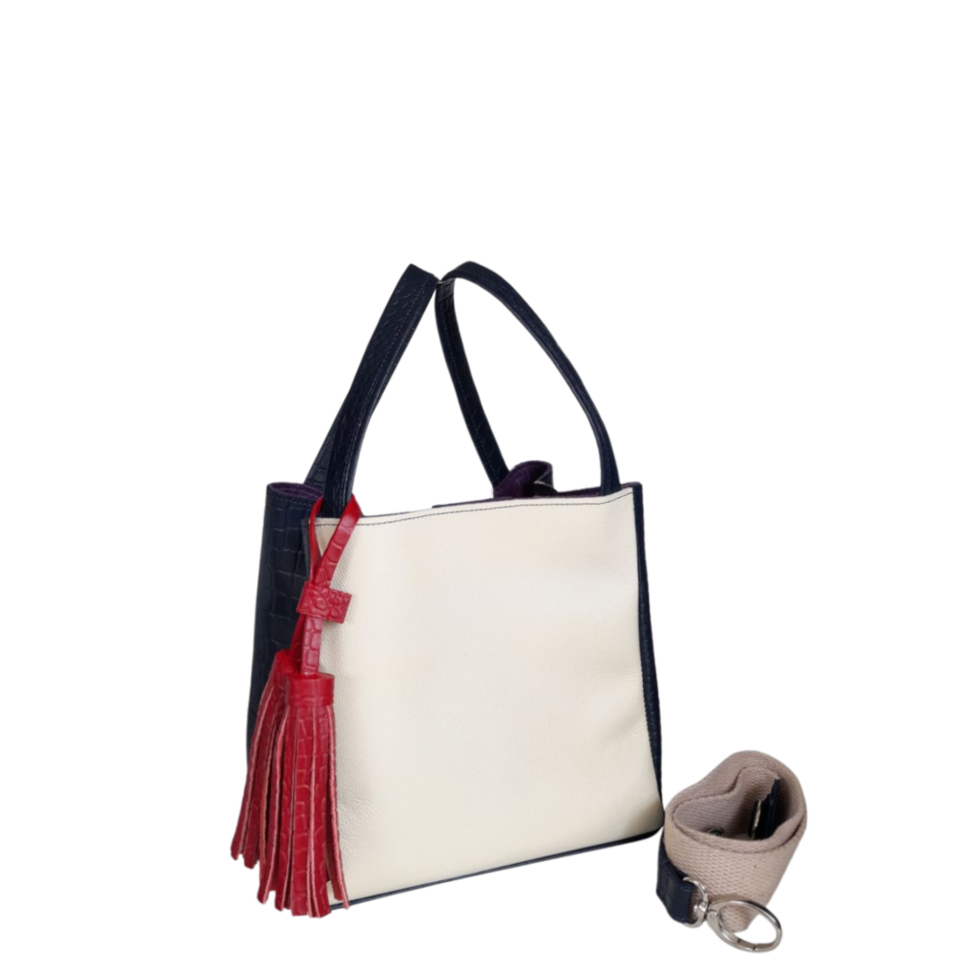 Bolso en cuero para mujer reptil azul oscuro y talco