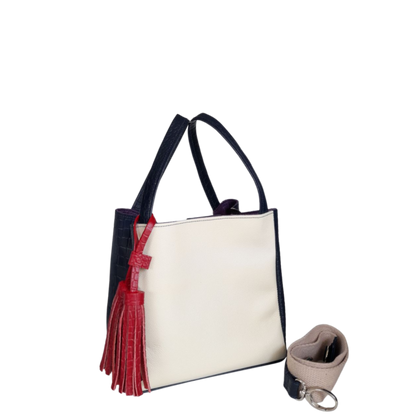 Bolso en cuero para mujer reptil azul oscuro y talco