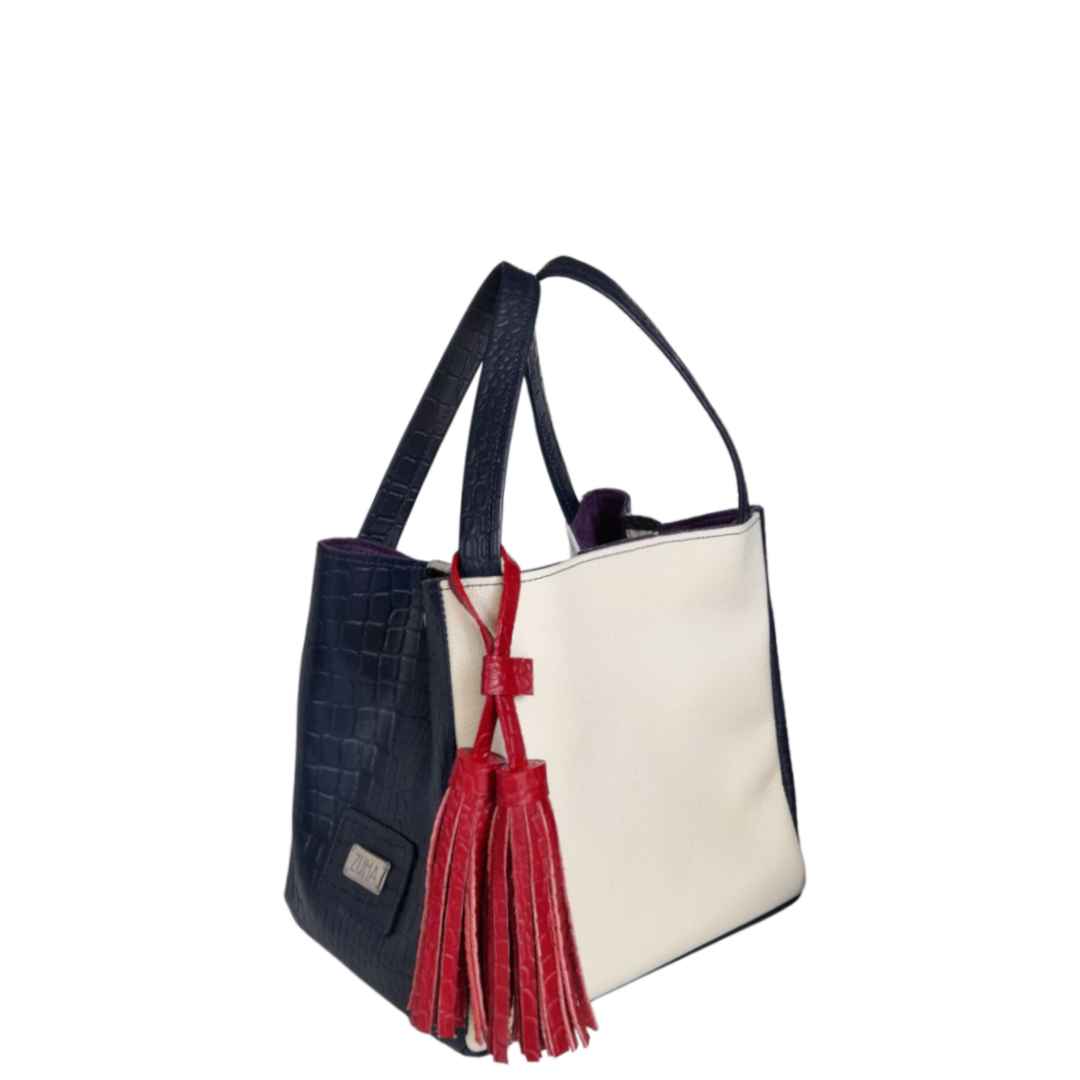 Bolso en cuero para mujer reptil azul oscuro y talco