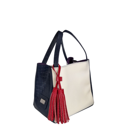 Bolso en cuero para mujer reptil azul oscuro y talco