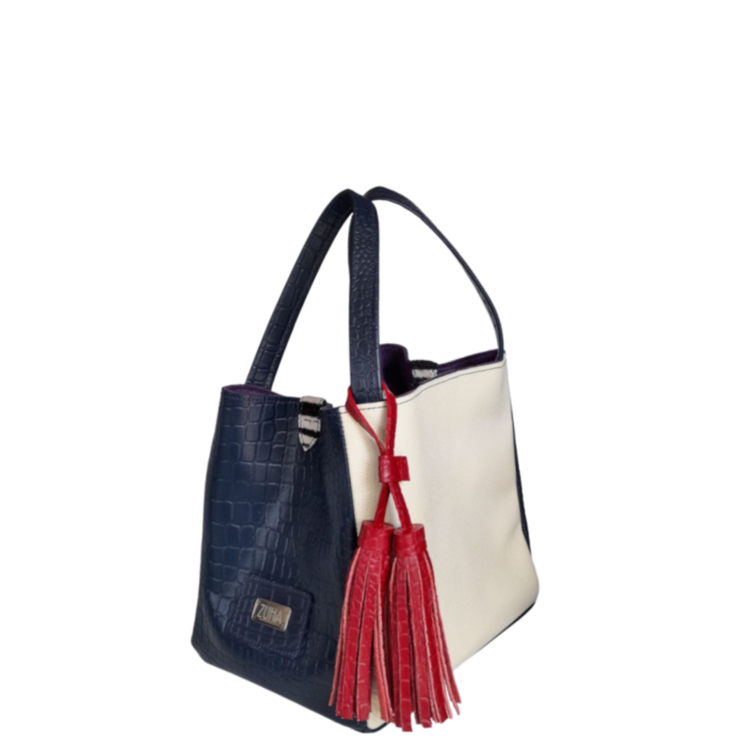 Bolso en cuero para mujer reptil azul oscuro y talco