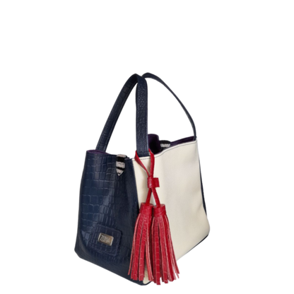 Bolso en cuero para mujer reptil azul oscuro y talco