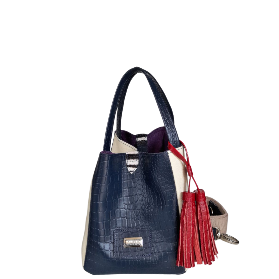 Bolso en cuero para mujer reptil azul oscuro y talco