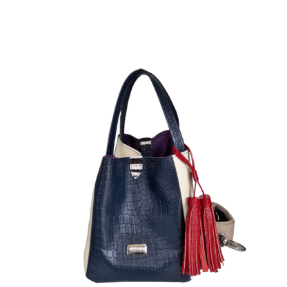 Bolso en cuero para mujer reptil azul oscuro y talco