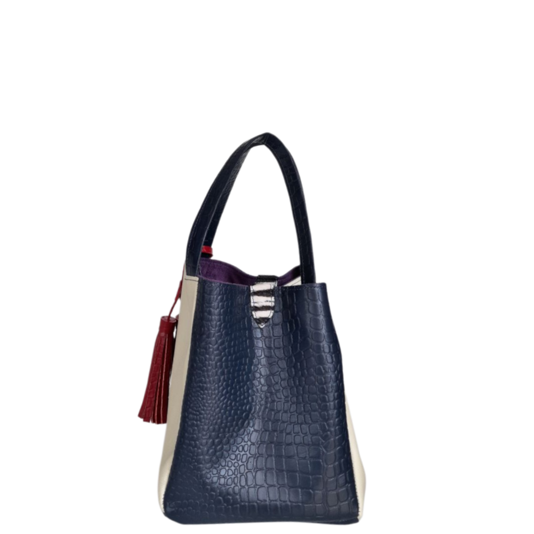 Bolso en cuero para mujer reptil azul oscuro y talco