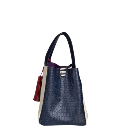 Bolso en cuero para mujer reptil azul oscuro y talco