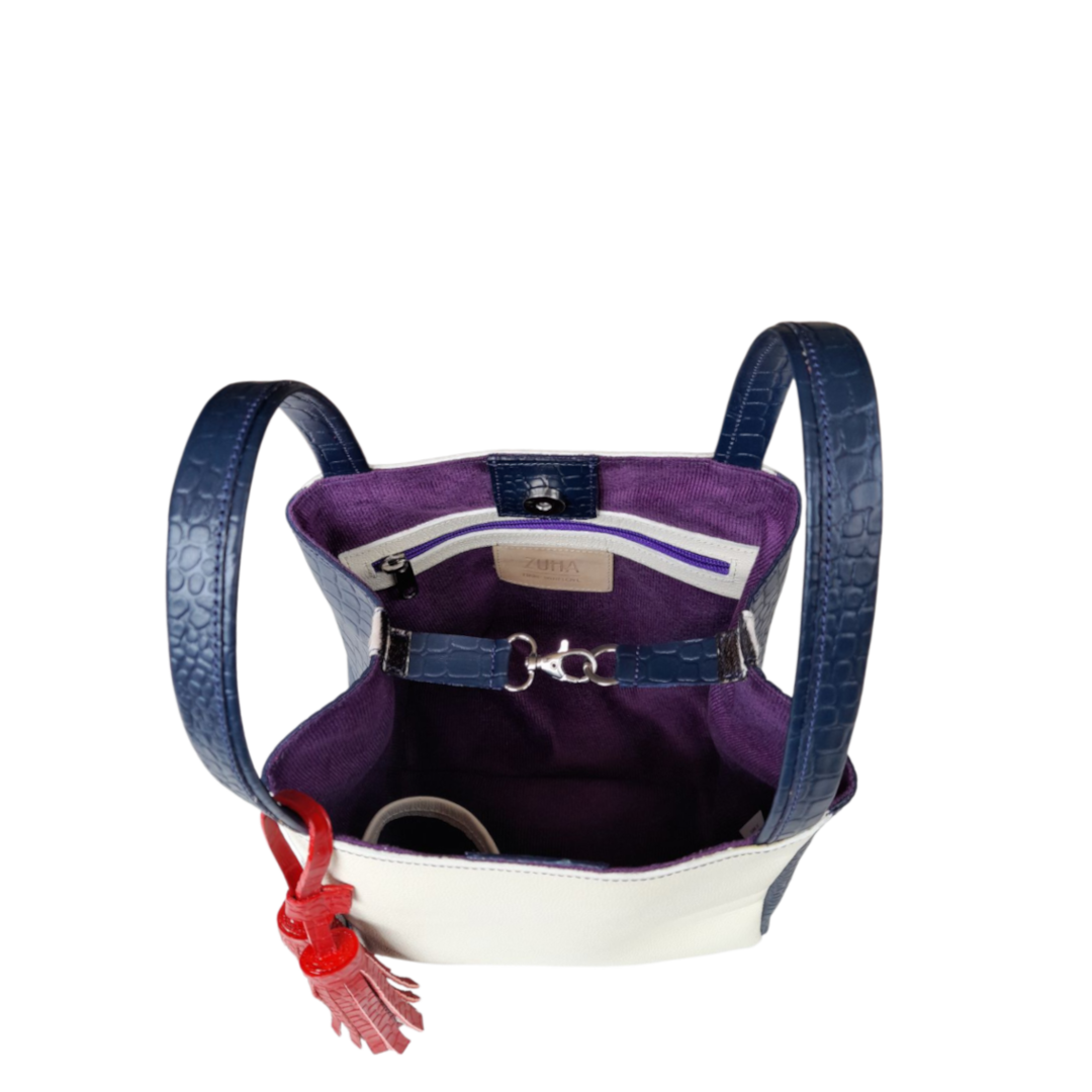 Bolso en cuero para mujer reptil azul oscuro y talco