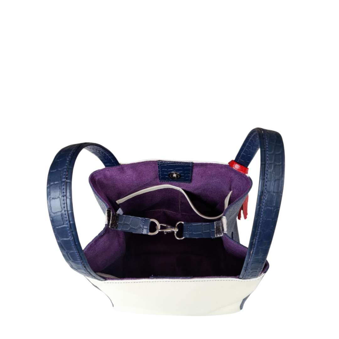 Bolso en cuero para mujer reptil azul oscuro y talco