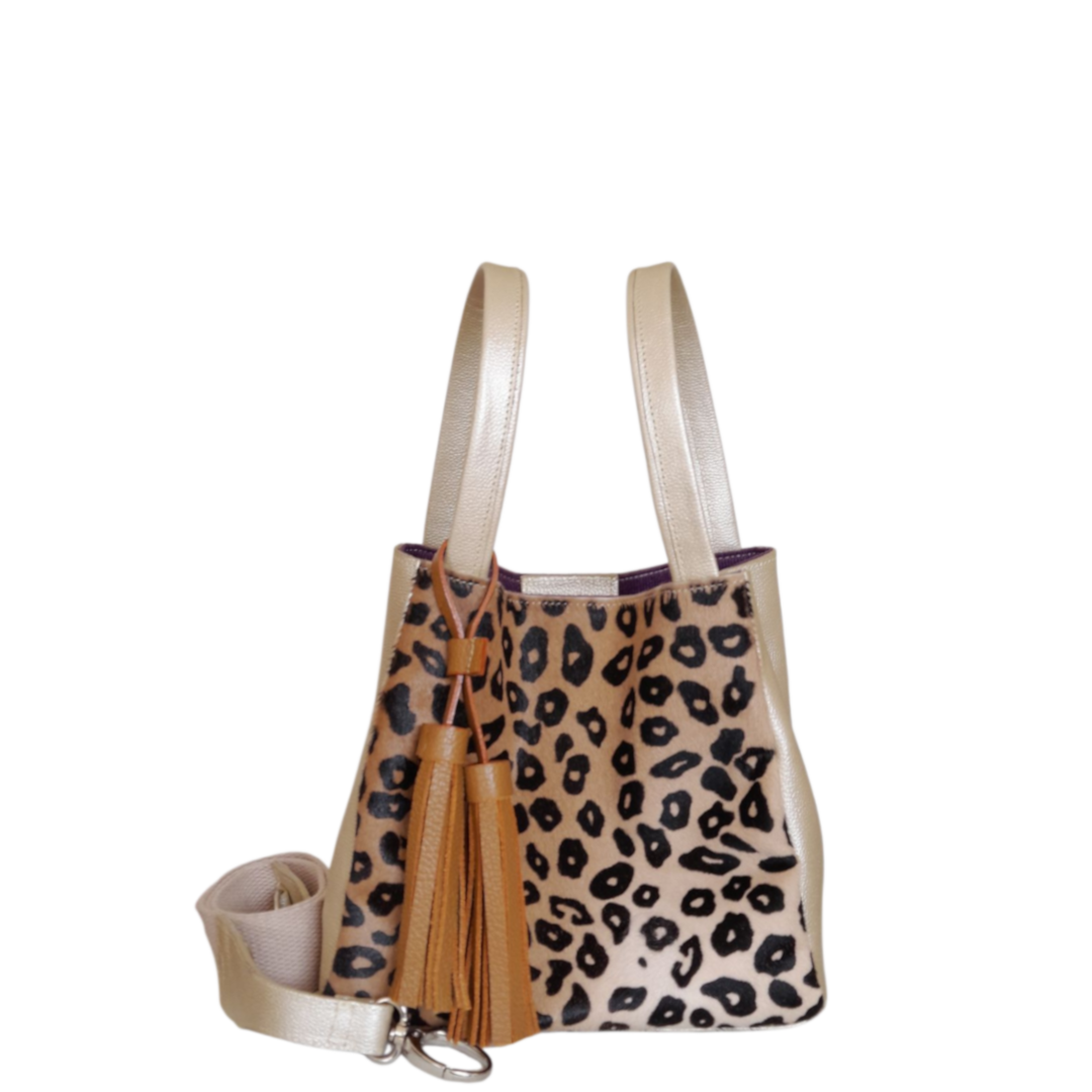 Bolso cuero mujer oro con piel al pelo