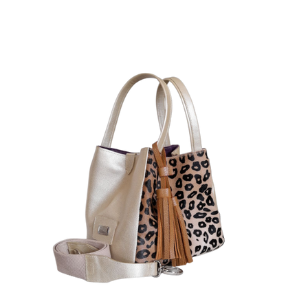 Bolso cuero mujer oro con piel al pelo