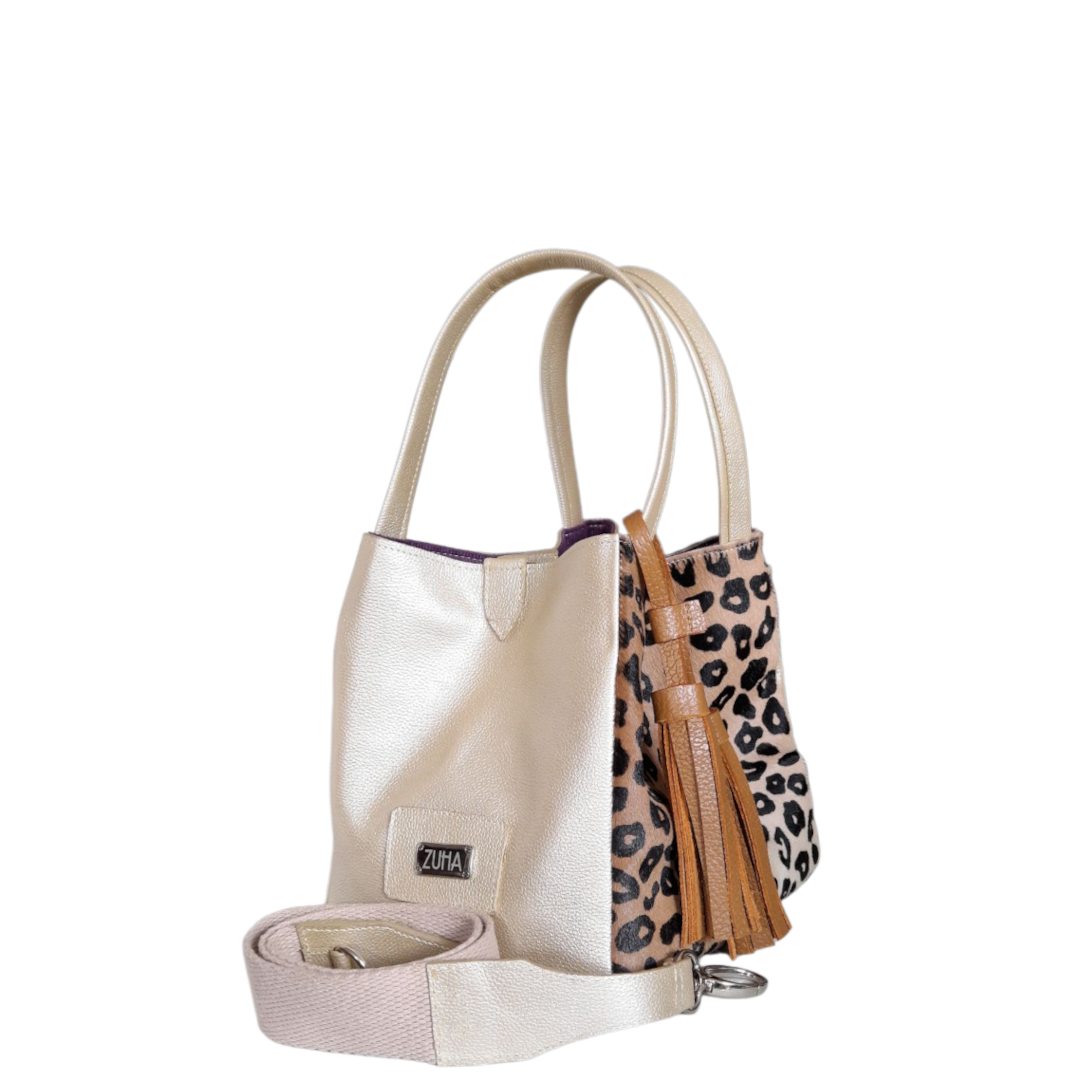 Bolso cuero mujer oro con piel al pelo