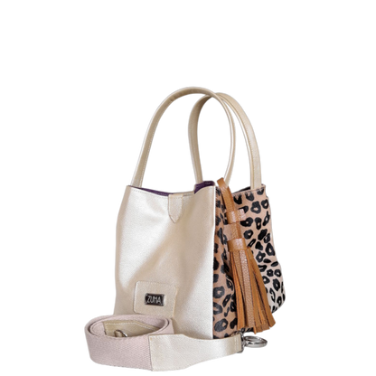 Bolso cuero mujer oro con piel al pelo