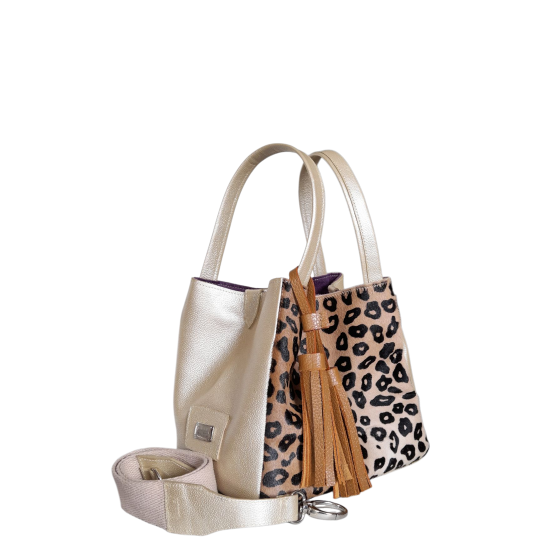 Bolso cuero mujer oro con piel al pelo