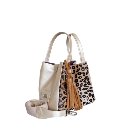 Bolso cuero mujer oro con piel al pelo