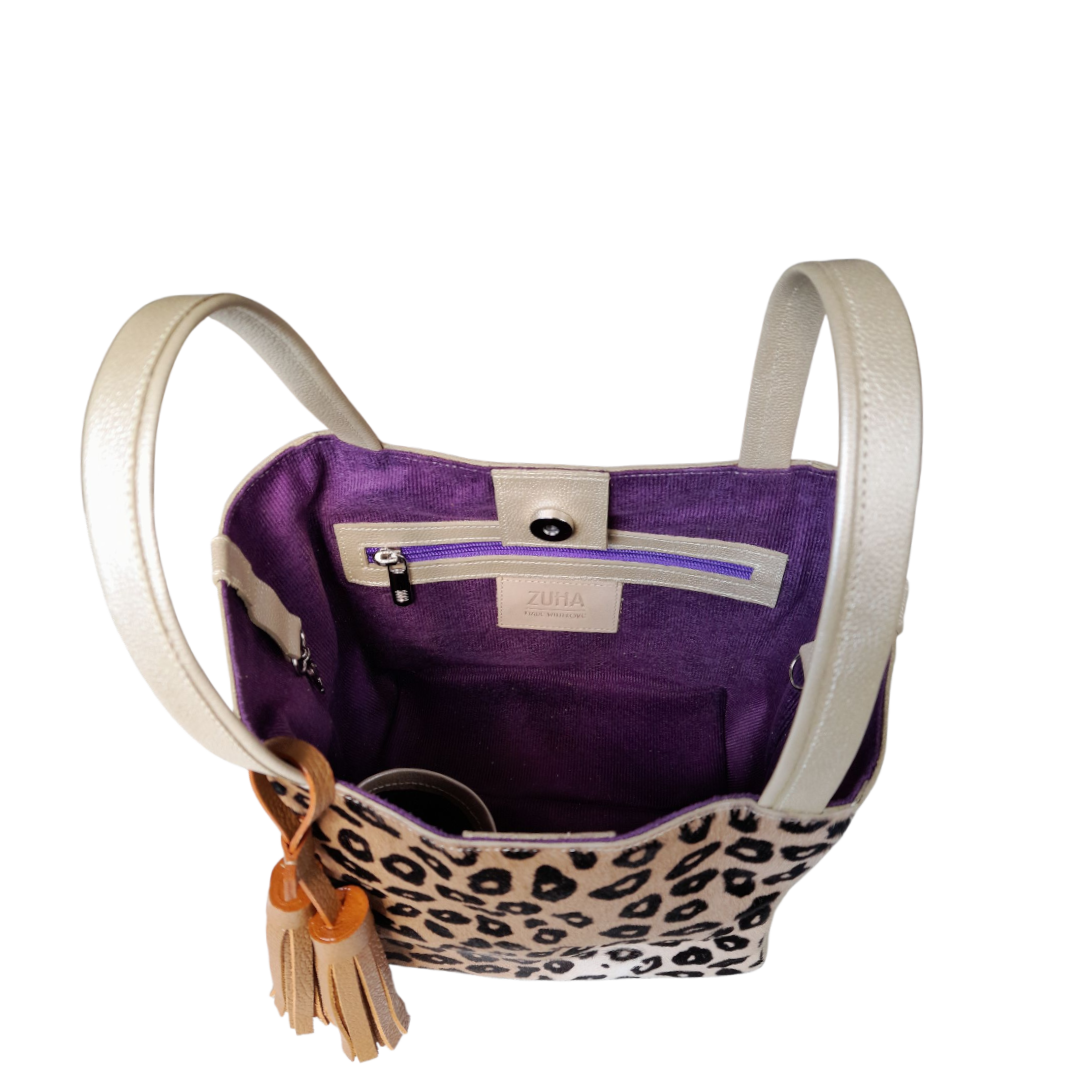 Bolso cuero mujer oro con piel al pelo