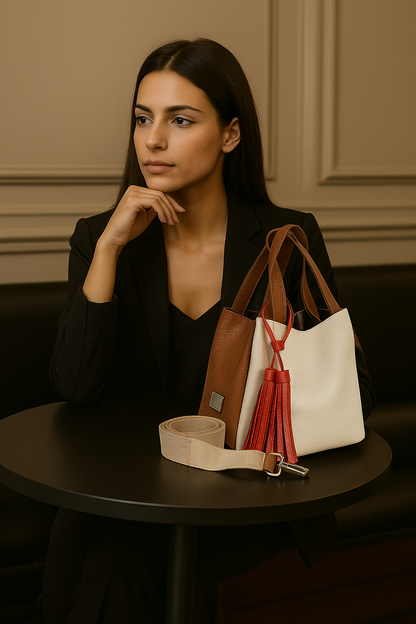 Mujer con bolso en cuero para mujer color talco